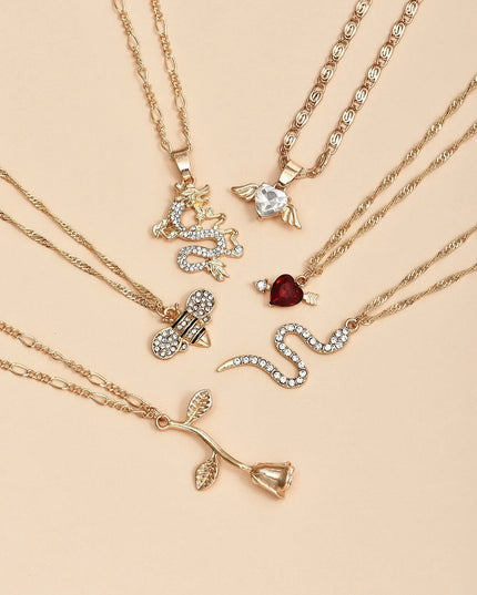 Dragon & Rose Charm Necklace Set - 6pcs