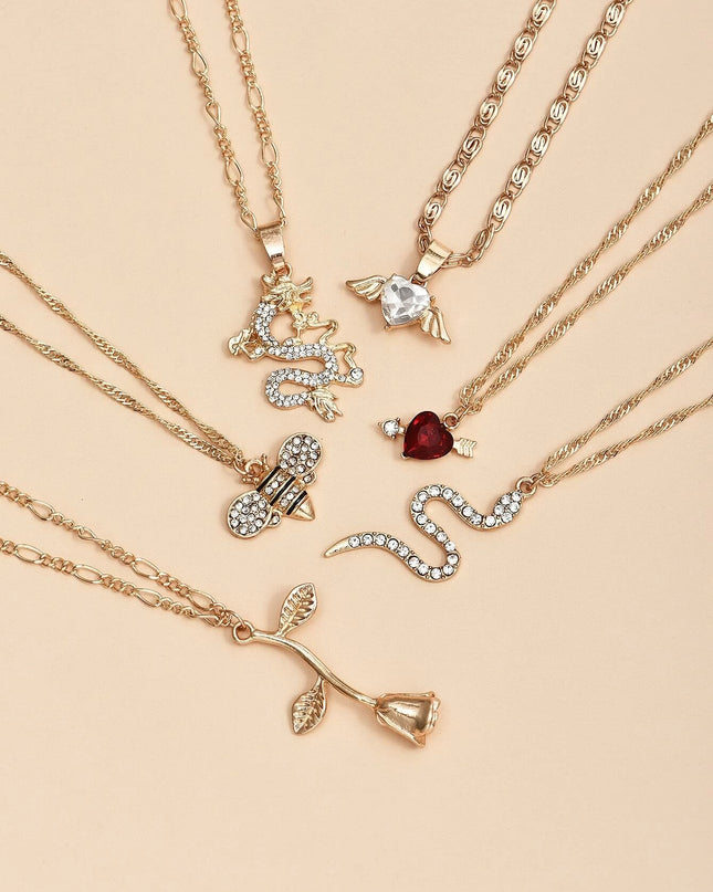 Dragon & Rose Charm Necklace Set - 6pcs