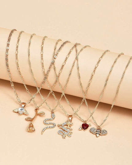 Dragon & Rose Charm Necklace Set - 6pcs